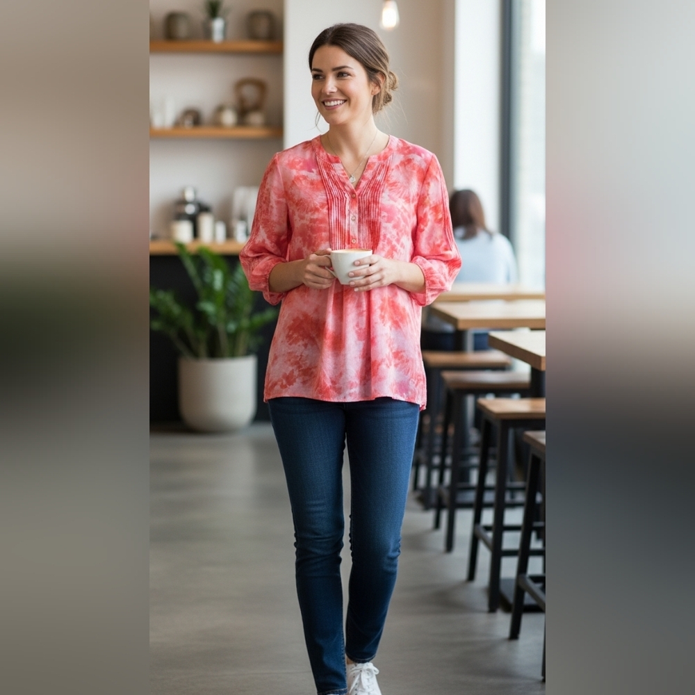 Chico's 3/4 Sleeve Blouse with Buttons Pleated Orange & White Size 1 (Size 8)